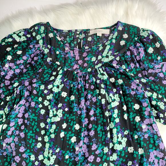 Loft Ann Taylor Floral Shirred Yoke Top Black Green size Small office work - Picture 6 of 16